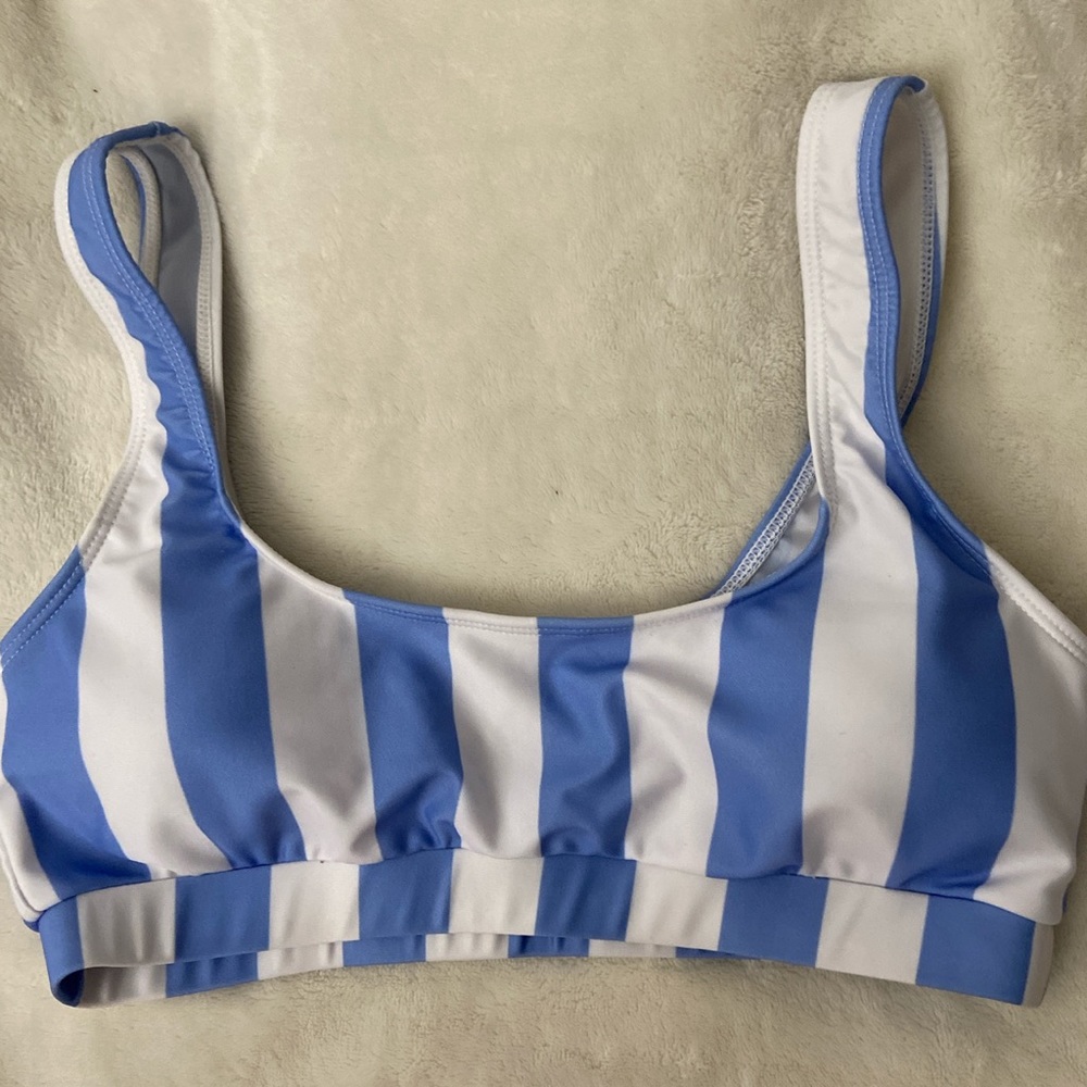 blue and white striped bikini